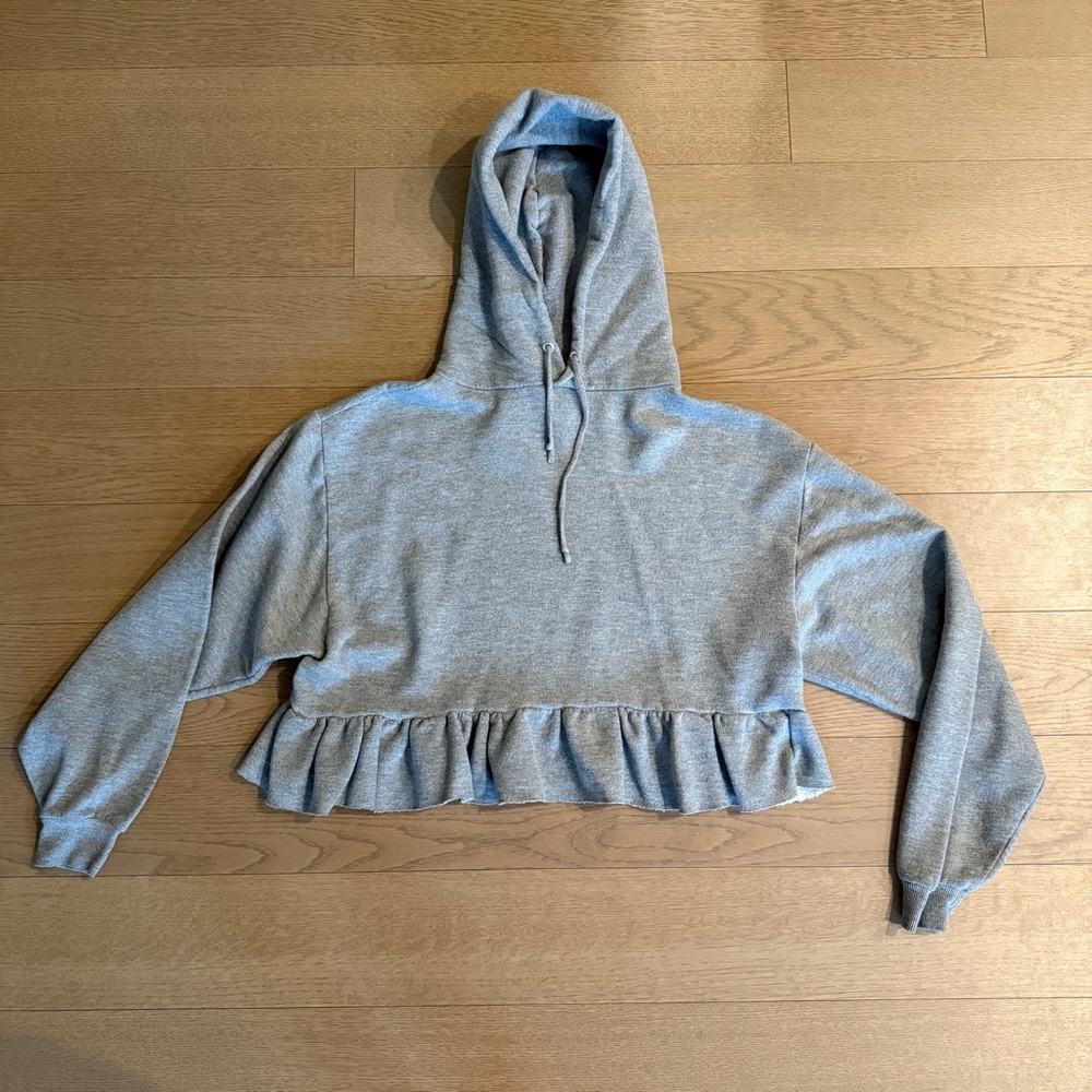 Jerzees Gray Ruffled Hem Cropped Hoodie